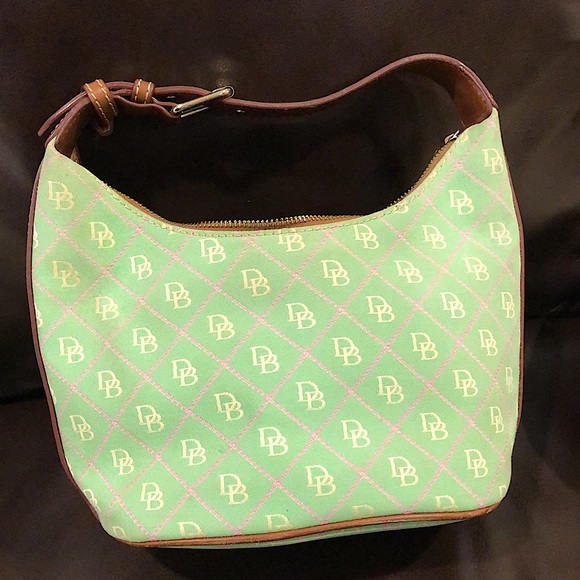 DOONEY & BOURKE Mint Green Bag w/ Pink White DB Monogram Brown Leather Handle - Picture 13 of 14